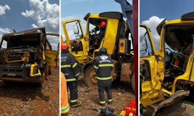 Motorista fica preso �s ferragens em acidente entre caminh�es em Nova Mutum (V�deo)
