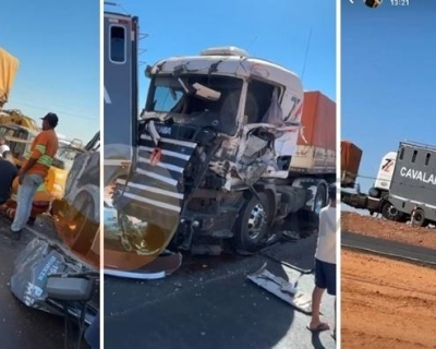 Acidente com quatro carretas e viatura da PM interdita BR-163 e deixa policial ferido em Nova Mutum (Vdeo)