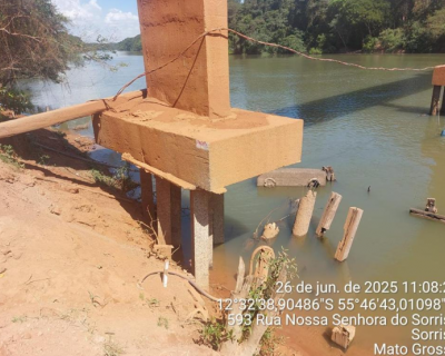 Sinfra alerta que ponte interditada no Rio Teles Pires em Sorriso pode cair
