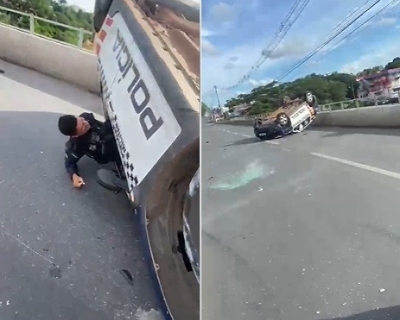 Viatura policial capota na Ponte Nova; policiais saem sem ferimentos aparentes