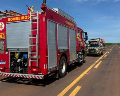 Corpo de Bombeiros faz rescaldo e conten��o ap�s inc�ndio em carreta que transportava defensivos agr�colas