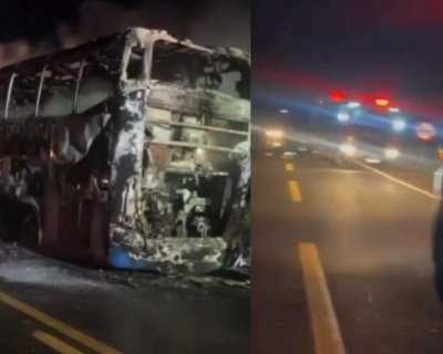 �nibus pega fogo e � destru�do por inc�ndio na MT-358