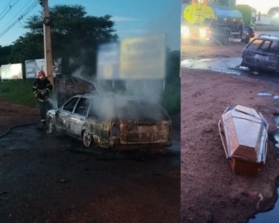 Inc�ndio destr�i carro funer�rio durante traslado de corpo no Trev�o, em Rondon�polis