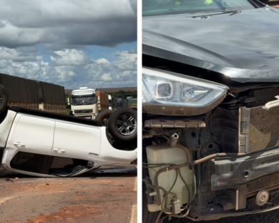 Colis�o na BR-163 termina com caminhonete capotada em Lucas do Rio Verde(V�deo)