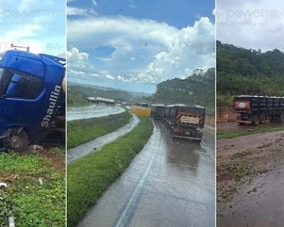 Batida entre carretas fecha BR-364 em Nobres e provoca bloqueio total nos dois sentidos