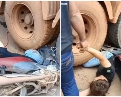 Motociclista � prensado por carreta e fica gravemente ferido em Vera(V�deo)