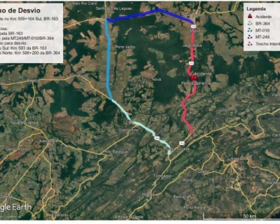 BR-163  interditada em Nova Mutum e Nova Rota do Oeste orienta motoristas sobre rotas alternativas