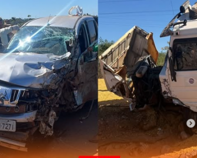 Caminhonete e carreta colidem na MT-208 em Aripuan e deixam rastro de destruio