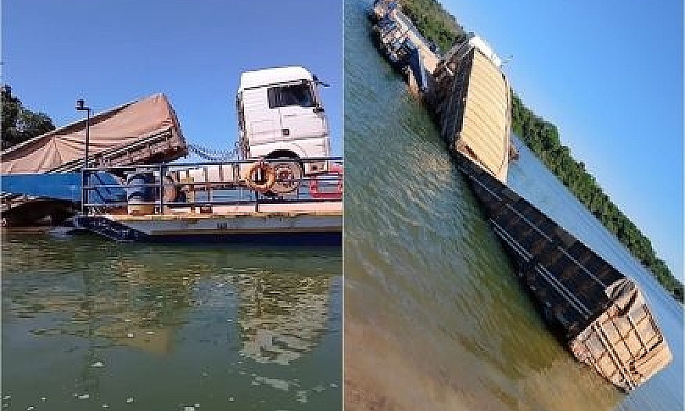 Carreta carregada de milho afunda balsa no Rio Teles Pires
