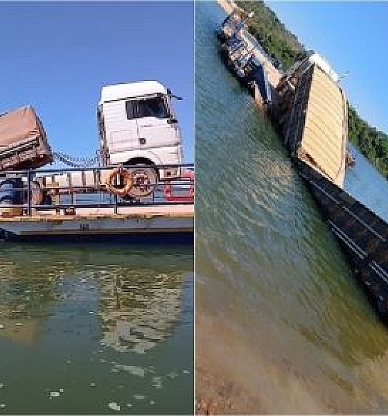 Carreta carregada de milho afunda balsa no Rio Teles Pires