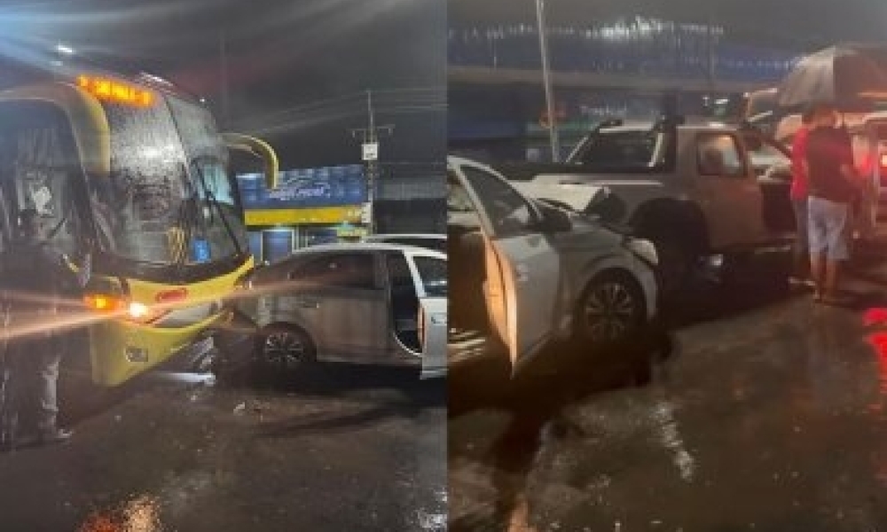 Ônibus desgovernado atinge quatro veículos e causa engavetamento em Cuiabá