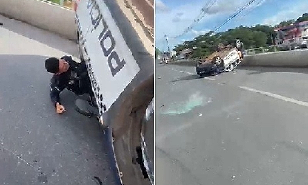 Viatura policial capota na Ponte Nova; policiais saem sem ferimentos aparentes