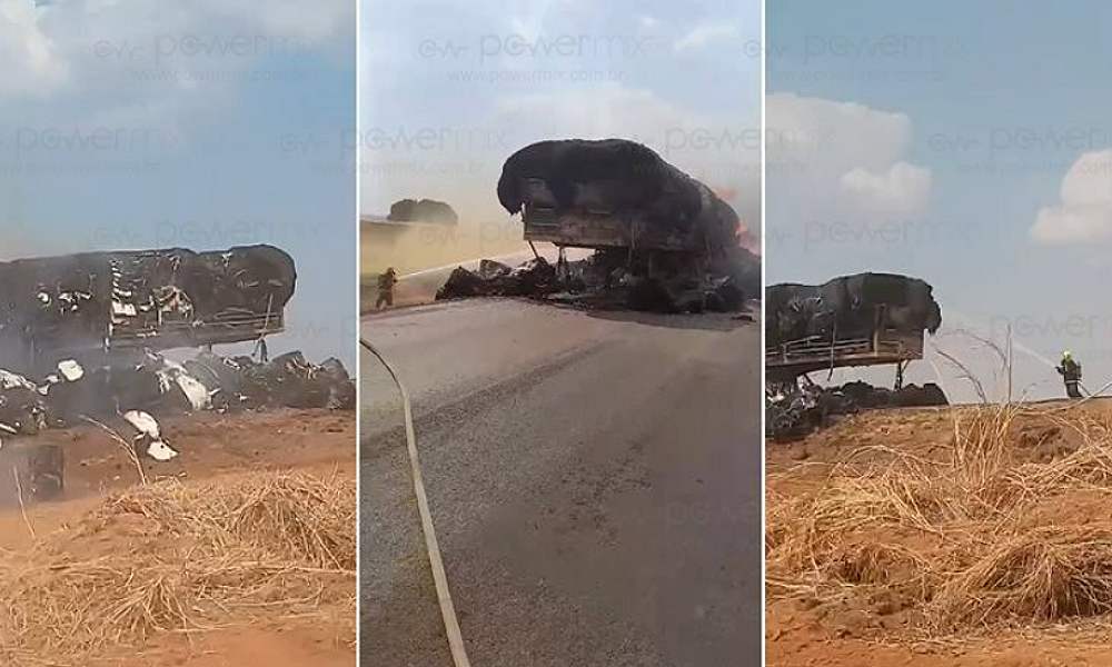 BR-163 em Nova Mutum interrompida após incêndio em carreta