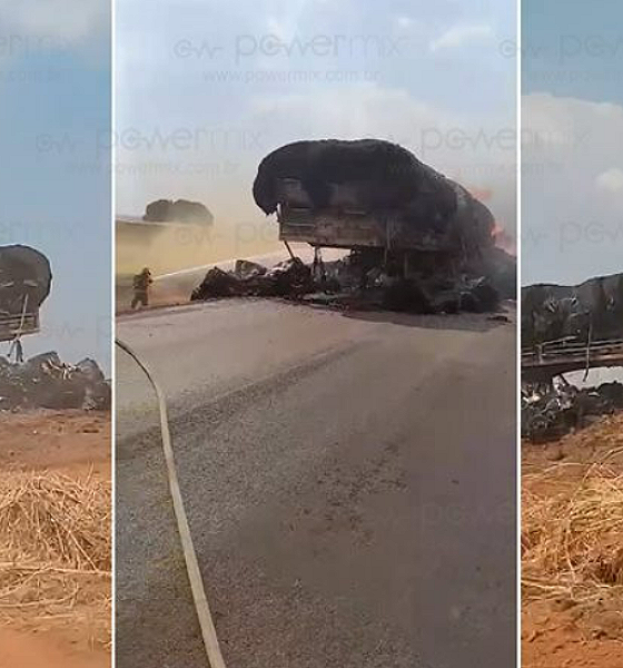 BR-163 em Nova Mutum interrompida após incêndio em carreta