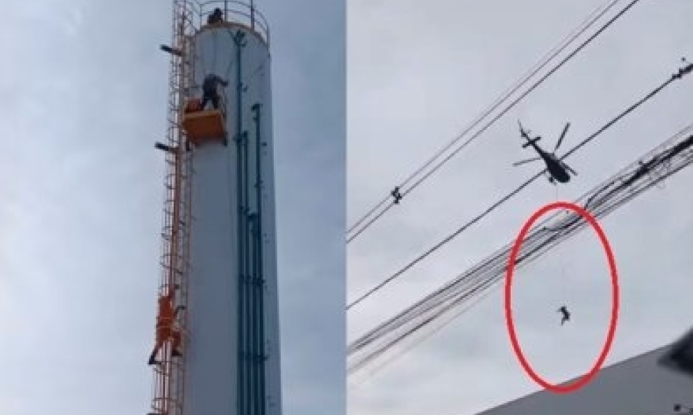 Helicóptero é acionado para resgatar trabalhador preso em caixa d’água de 12 metros(Vídeo)