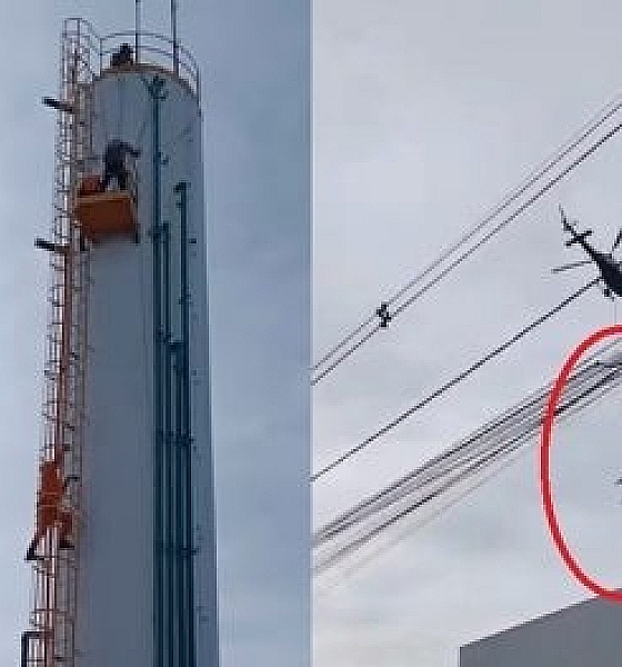 Helicóptero é acionado para resgatar trabalhador preso em caixa d’água de 12 metros(Vídeo)