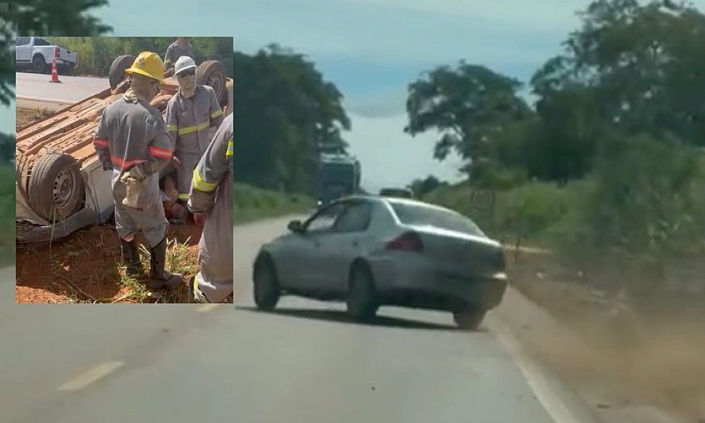 Carro perde controle, sai da pista e capota no anel viário de Rondonópolis (Vídeo)