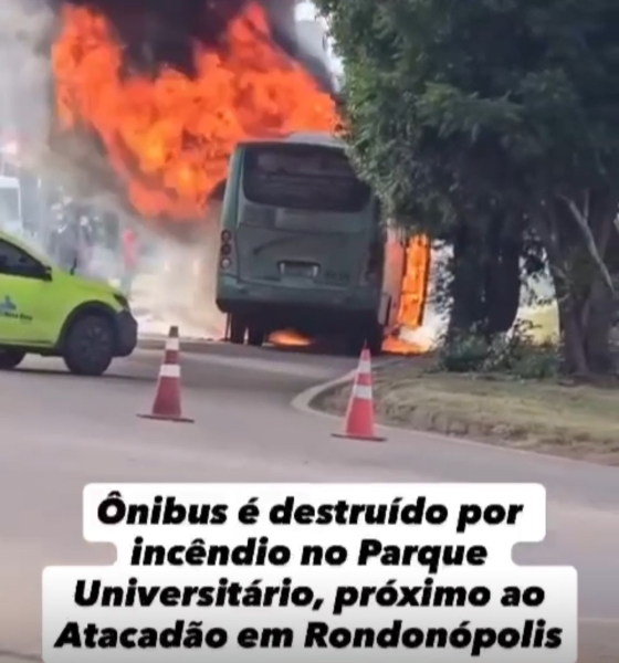 Ônibus de trabalhadores é destruído por incêndio em Rondonópolis (Vídeo)