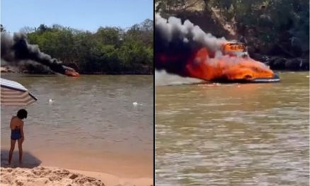 Lancha pega fogo em praia na região do Araguaia