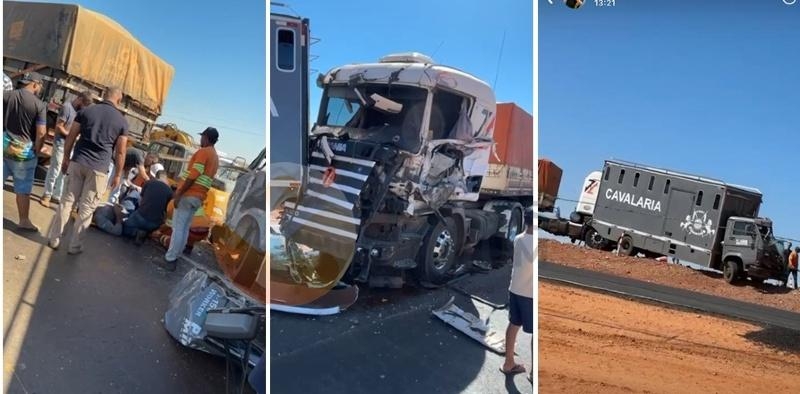Acidente com quatro carretas e viatura da PM interdita BR-163 e deixa policial ferido em Nova Mutum (V�deo)