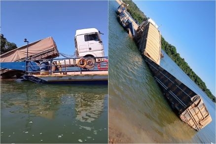 Carreta carregada de milho afunda balsa no Rio Teles Pires