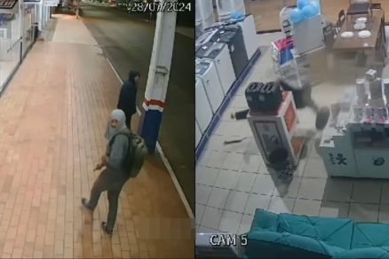 C�mera flagra ladr�es quebrando vidro e invadindo loja em MT