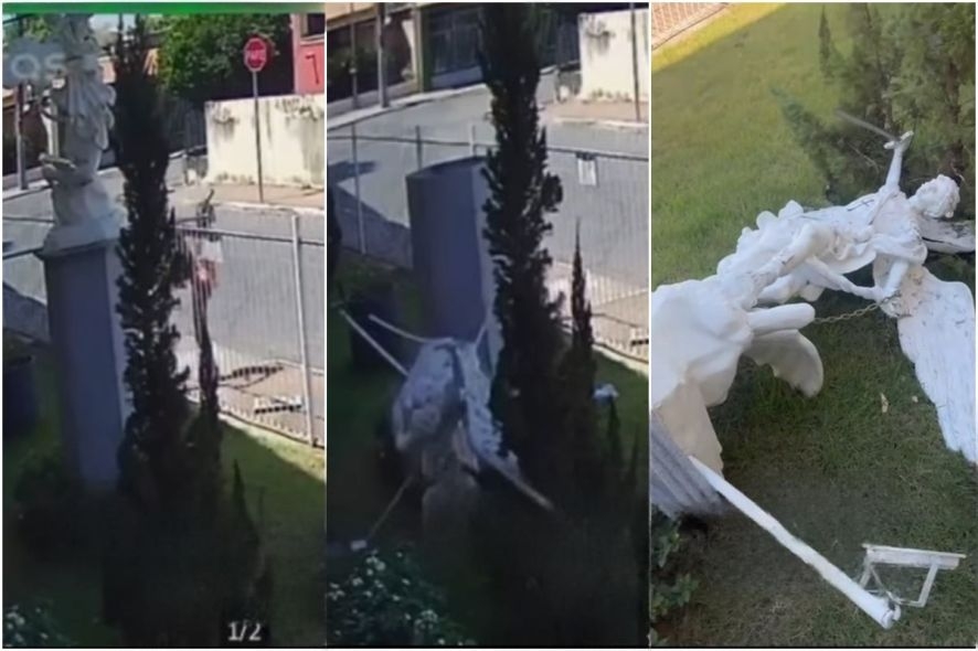 Mulher invade par�quia e derruba imagem de S�o Miguel em Cuiab� (V�deo)