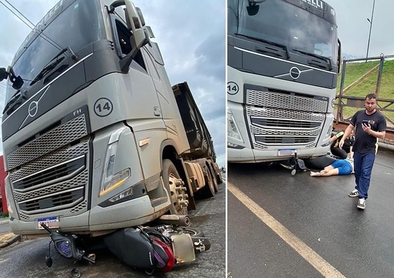 Motociclista escapa com ferimentos leves ap�s colis�o com carreta 