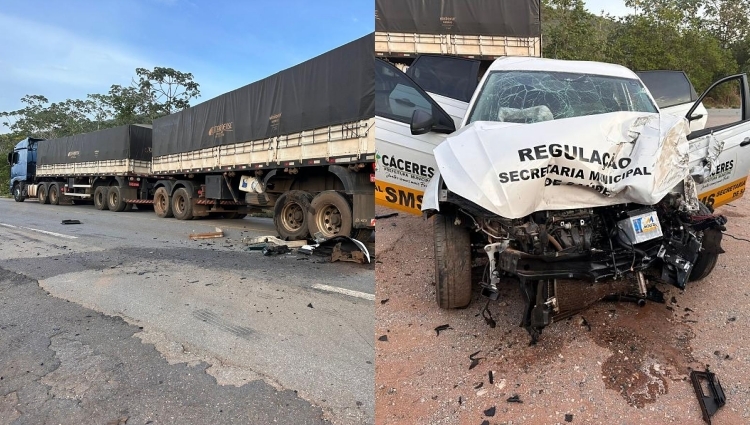 Ve�culo da Secretaria de Sa�de de C�ceres colide com carreta na BR-070