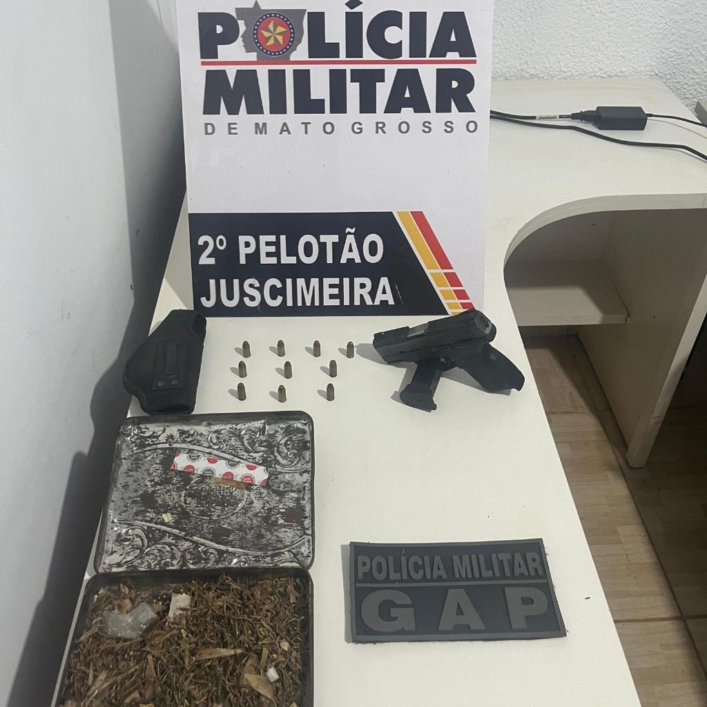 PM prende homem com arma de fogo e maconha dentro de carro em Juscimeira
