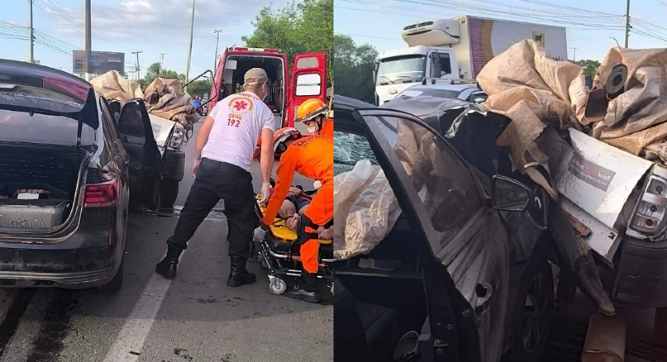 Carro atinge Saveiro estacionada e acidente deixa quatro feridos em VG