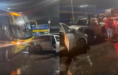 �nibus desgovernado atinge quatro ve�culos e causa engavetamento em Cuiab�