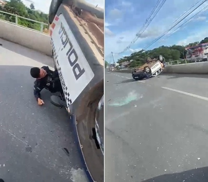 Viatura policial capota na Ponte Nova; policiais saem sem ferimentos aparentes