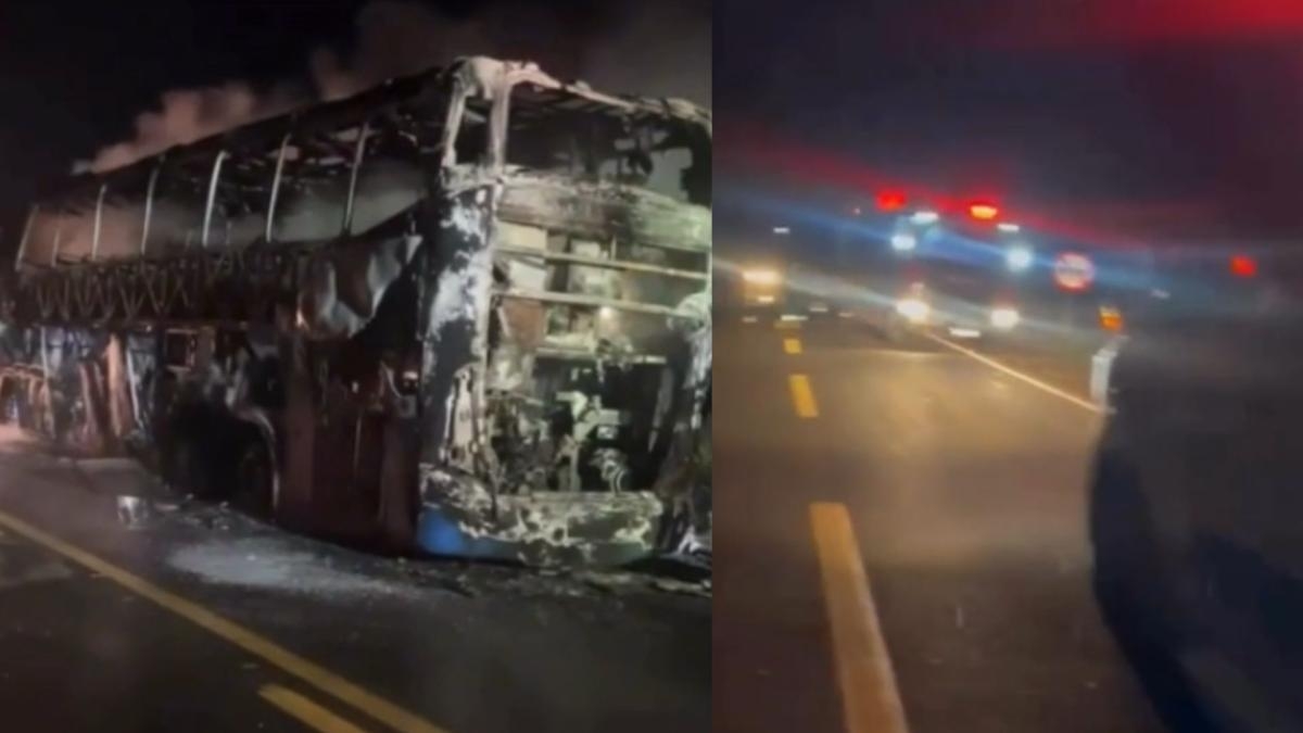 �nibus pega fogo e � destru�do por inc�ndio na MT-358