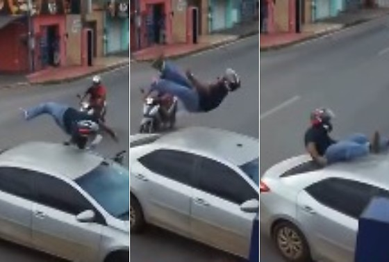 Grave colis�o em V�rzea Grande: motociclista � lan�ado sobre carro ap�s batida(V�deo)