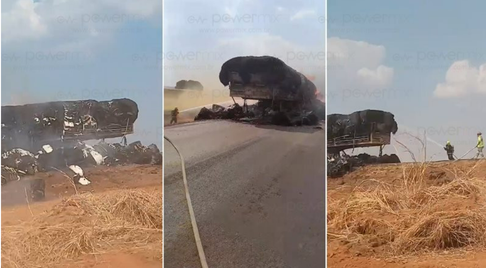 BR-163 em Nova Mutum interrompida ap�s inc�ndio em carreta
