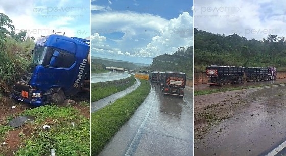 Batida entre carretas fecha BR-364 em Nobres e provoca bloqueio total nos dois sentidos