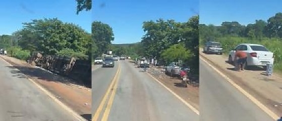 Acidente na BR-070: carreta tomba e carga de cerveja � levada por populares(V�deo)