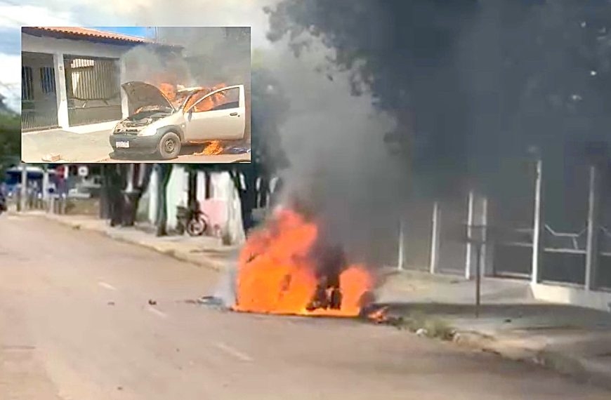 Carro � tomado pelo fogo e fica destru�do em via p�blica de Rondon�polis