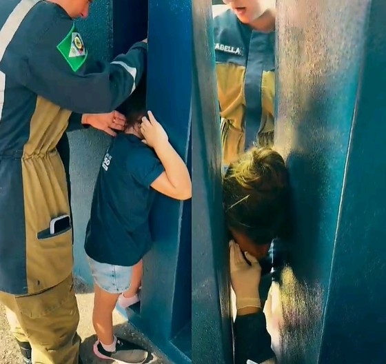 Crian�a de 4 anos � resgatada ap�s prender a cabe�a em estrutura de concreto em escola de Sorriso (V�deo)