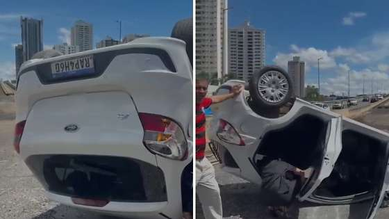 Carro de aplicativo capota em trincheira de avenida e deixa passageira ferida em Cuiab� (V�deo)