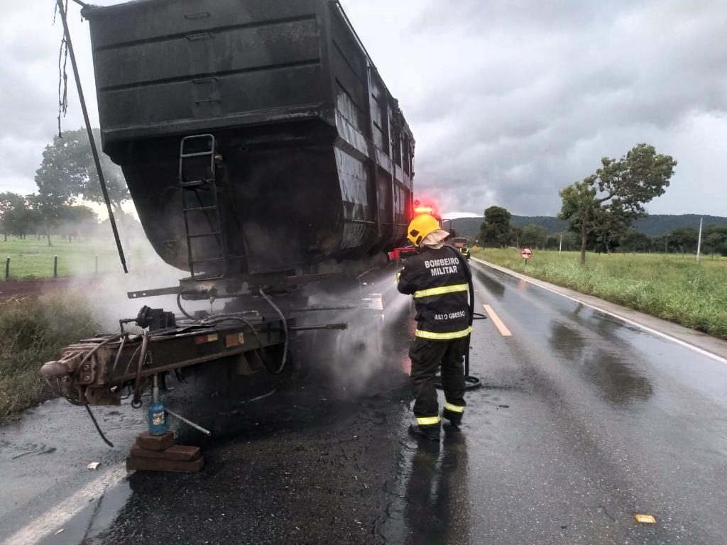 Corpo de Bombeiros combate inc�ndio em carreta na BR-070