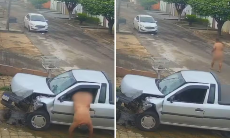 Homem foge pelado ap�s furtar carro e colidir contra muro em An�polis