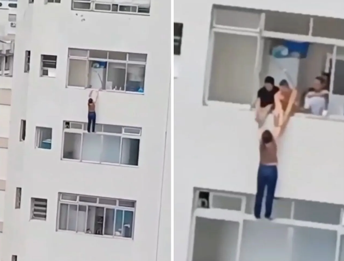 Mulher � resgatada por moradores ap�s escorregar e quase cair de pr�dio em SP