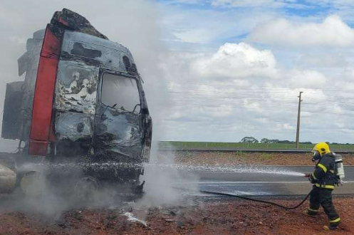 Inc�ndio em carreta causa interdi��o parcial da BR-163 em Nova Mutum