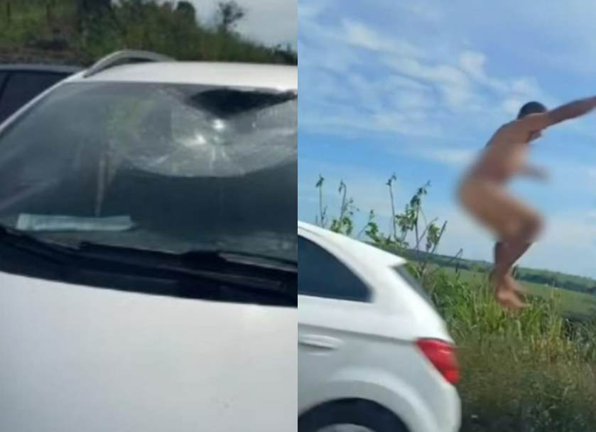 Homem pelado causa confus�o e destrui��o de carros na MT-344, em Jaciara