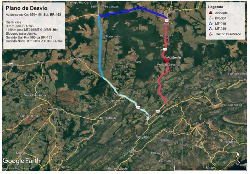 BR-163  interditada em Nova Mutum e Nova Rota do Oeste orienta motoristas sobre rotas alternativas