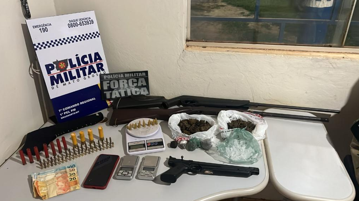 Dupla � presa por tr�fico de drogas e porte ilegal de armas em Brasnorte