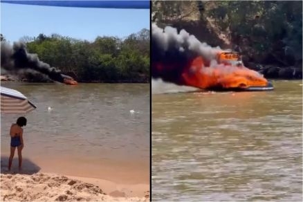 Lancha pega fogo em praia na regi�o do Araguaia
